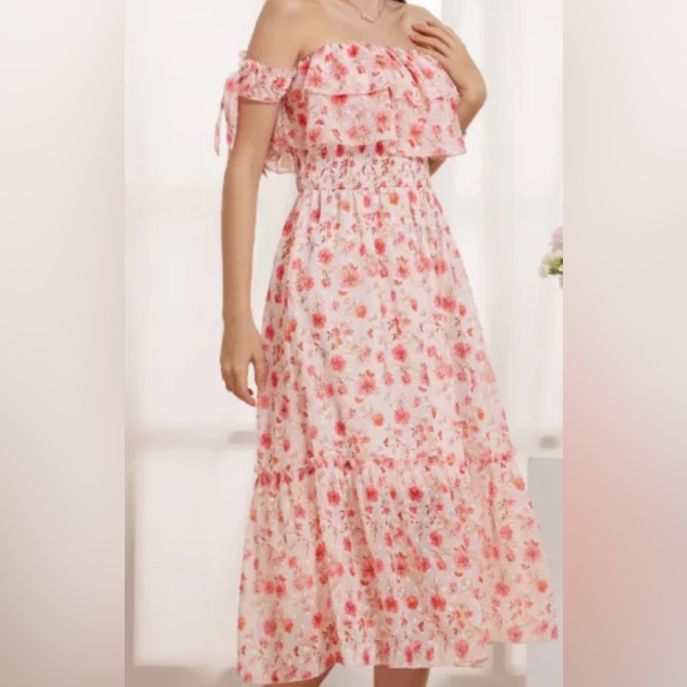 Grace Karin Pink Floral Off-Shoulder Ruffle Midi Dress 2 XL NWT